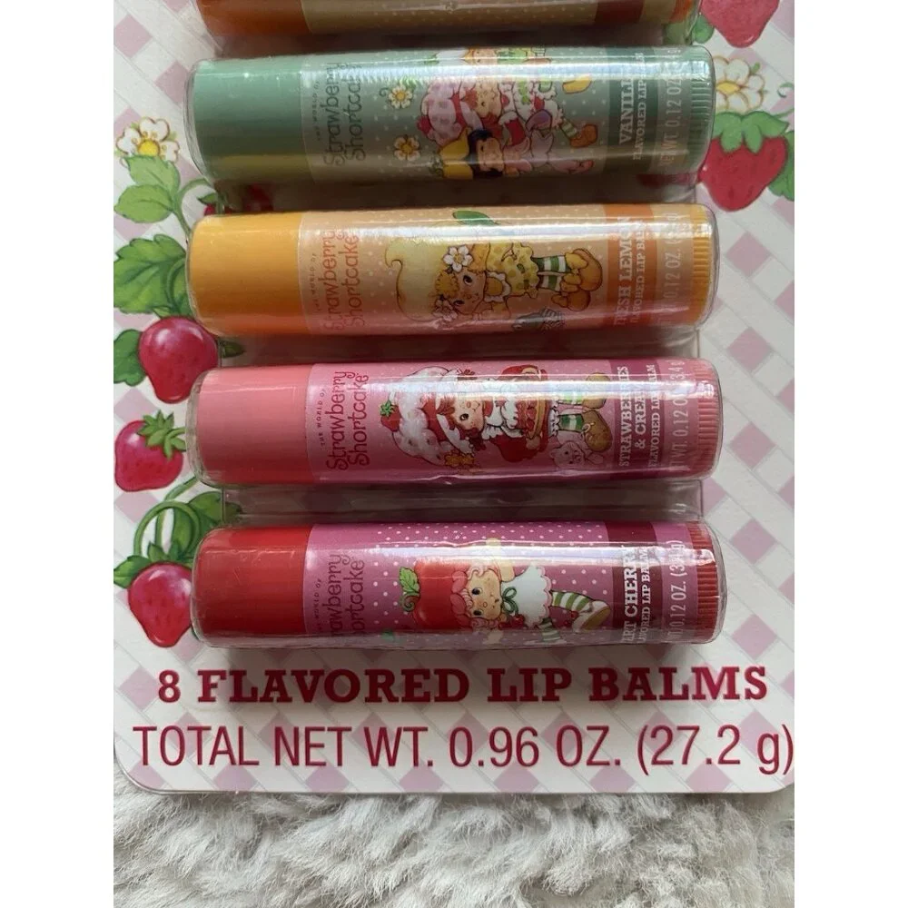 8 Pk  Strawberry Shortcake Flavored Lip Balms Cherry Vanilla Blueberry Lemon NEW